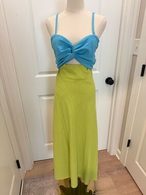 Blue Twist Top Midi Dress with Lime Green